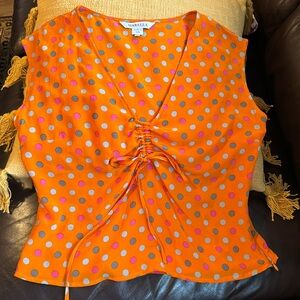 Marella Italy Max Mara Top Silk Blouse crop shirt polka dot gathered front 42